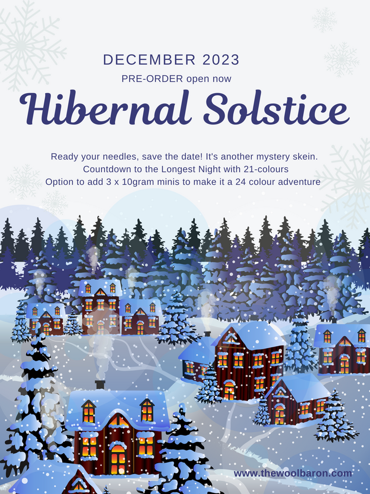 Hibernal Solstice. It's another mystery skein. Countdown to the Longest Night knit 21 colour stripes. self-striping sock yarn